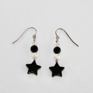 New Beaded Onyx, Faux Pearl, and Clear Faceted Crystal Earrings, Ear Wires